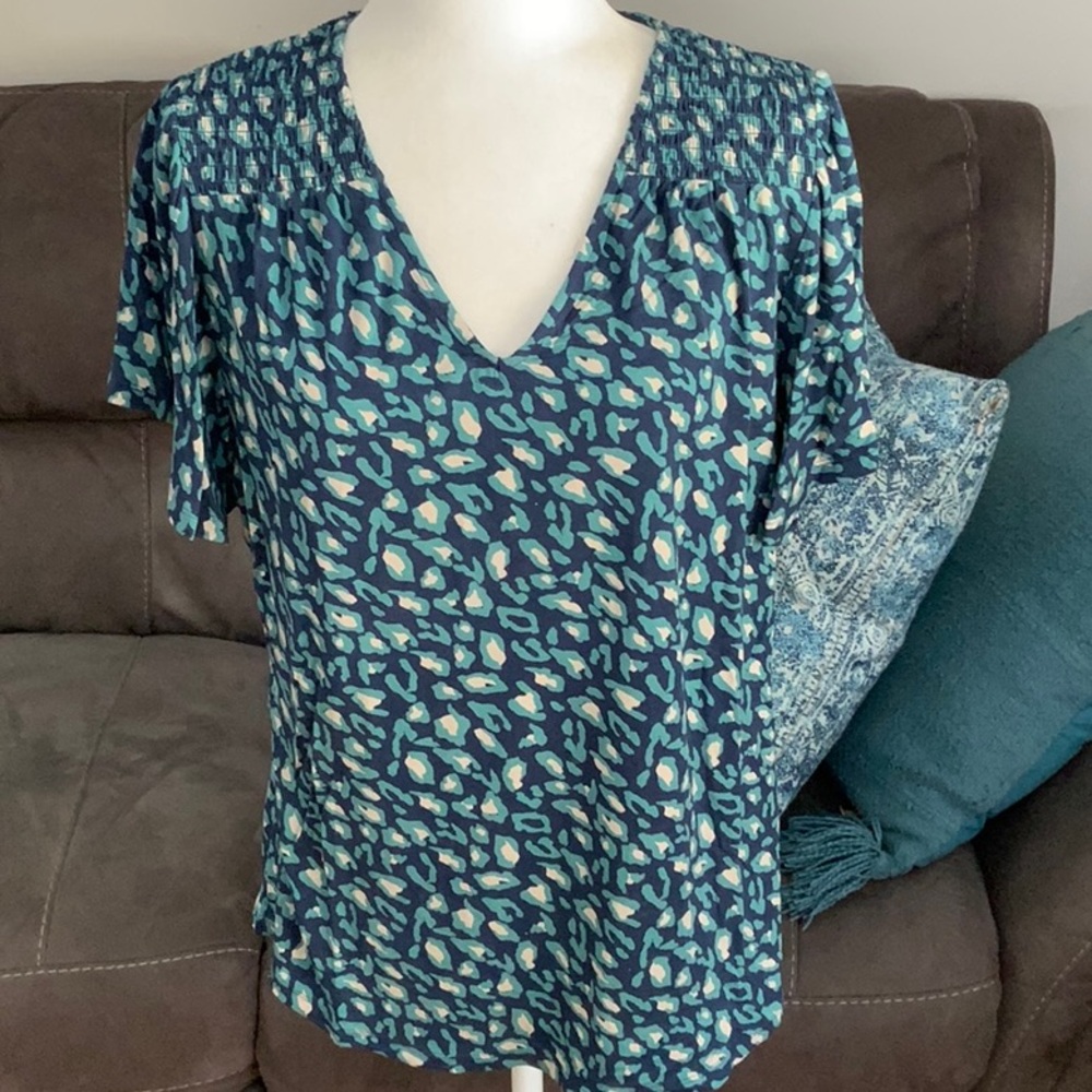 Style & Co Teal and White Patterned Blouse
